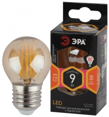 Лампа светодиодная F-LED P45-9W-827-E27 gold (филамент, шар золот, 9Вт, тепл, E27) | Б0047025 | ЭРА