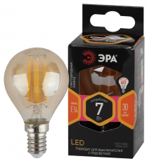 Лампа светодиодная F-LED P45-7W-827-E14 gold (филамент, шар золот, 7Вт, тепл, E14) | Б0047016 | ЭРА