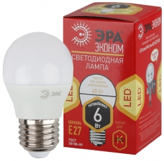 Лампа cветодиодная ECO LED P45-6W-827-E27 (диод, шар, 6Вт, тепл, E27. (10/100/3600) | Б0020629 | ЭРА