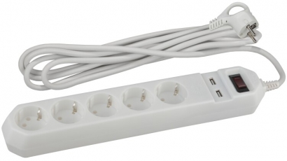 Сетевой фильтр USF-5es-1.5m-USB-W (белый) с заземл, 3x0,75мм2, с выкл, 5гн+2USB, 1.5м (20/600) |Б0019037 | ЭРА