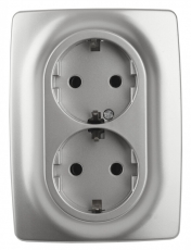 12-2108-03 Электроустановка ЭРА Розетка 2X2P+E Schuko со шторками, 16A-250В, IP20, Эра12, алюминий | Б0036444 | ЭРА