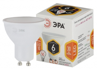 Лампа светодиодная LED MR16-6W-827-GU10 ЭРА (диод, софит, 6Вт, тепл, GU10) | Б0020543 | ЭРА