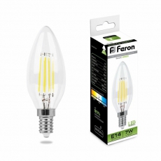 Лампа светодиодная LB-66 (7W) 230V E14 4000K филамент C35 прозрачная | 25780 | FERON