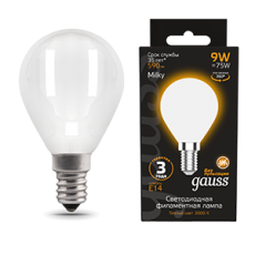 Лампа светодиодная Filament Шар 9W 590lm 3000К Е14 milky LED 1/10/50 | 105201109 | Gauss