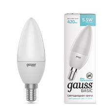 Лампа светодиодная Basic Свеча 5,5W 420lm 4100K E14 LED 1/10/100 | 1033126 | Gauss