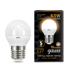 Лампа светодиодная LED 6,5Вт E27 220В 2700К шар | 105102107 | Gauss
