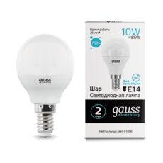 Лампа светодиодная LED 10Вт E14 220В 4100К Elementary шар | 53120 | Gauss