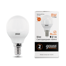 Лампа светодиодная LED 8Вт E14 220В 2700К Elementary шар | 53118 | Gauss