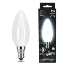 Лампа светодиодная Filament Свеча 9W 610lm 4100К Е14 milky LED 1/10/50 | 103201209 | Gauss