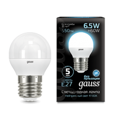 Лампа светодиодная LED 6,5Вт E27 220В 4100К шар | 105102207 | Gauss