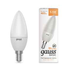 Лампа светодиодная Basic Свеча 5,5W 400lm 3000K E14 LED 1/10/100 | 1033116 | Gauss