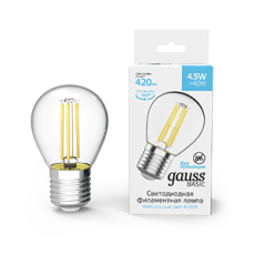 Лампа светодиодная Basic Filament Шар 4,5W 420lm 4100К Е27 LED 1/10/50 | 1051215 | Gauss