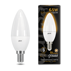 Лампа светодиодная LED 6,5Вт E14 220В 2700К свеча | 103101107 | Gauss
