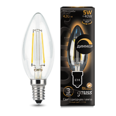 Лампа светодиодная LED 5Вт E14 220В 2700К свеча, диммируемая | 103801105-D | Gauss