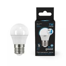 Лампа светодиодная Шар 7W 550lm 6500K Е27 шаг. диммирование LED 1/10/100 | 105102307-S | Gauss