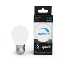 Лампа светодиодная Шар 7W 590lm 6500К E27 диммируемая | 105102307-D | Gauss