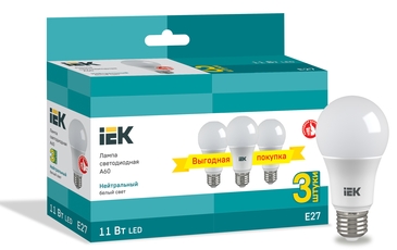 Лампа LED A60 шар 11Вт 230В 4000К E27 (3шт/упак) IEK