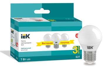 Лампа LED G45 шар 7Вт 230В 4000К E27 (3шт/упак) IEK