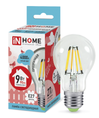 Лампа светодиодная LED-A60-deco 9Вт 230В Е27 4000К 810Лм прозр | 4690612008073 | IN HOME