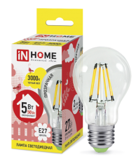 Лампа светодиодная LED-A60-deco 5Вт 230В Е27 3000К 450Лм прозр | 4690612008028 | IN HOME