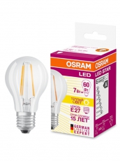 Лампа светодиодная филаментная LED STAR Classic A 7W, прозрачная колба, Е27 LEDSCLA60 7W/827 230V FIL E27 FS1 | 4058075055315 | Osram