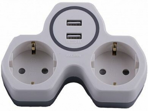 ADP16-14-20 Разветвитель сетевой 2-местный (+2 USB на 2.4А) с/з, 250В, 16A, белый/серый | 32872 | STEKKER
