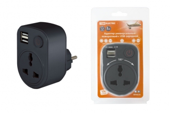 Адаптер универсальный поворотный с/з 250В 16А + 2USB 2.1A черный | SQ1806-0184 | TDM
