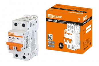 Выключатель автоматический двухполюсной ВА47-60DC 2P 6А 6кА х-ка С | SQ0223-1025 | TDM