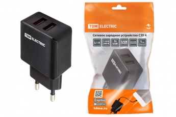 Сетевое зарядное устройство, СЗУ 4, 2,1 А, 2 USB, черный, | SQ1810-0021 | TDM