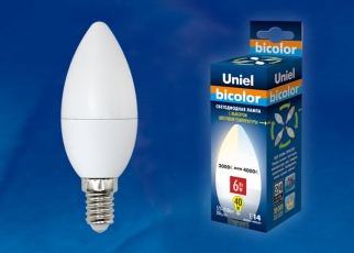 Лампа светодиодная LED-C37-6W/WW+NW/E14/FR PLB01WH LED. «свеча», матовая. серия Bicolor. . | UL-00001570 | Uniel