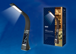 Светильник настольный TLD-542 Black/LED/300Lm/5000K/Dimmer c часами календарем Т 5W сенсор черн (стилизован под кожу) | UL-00001816 | Uniel