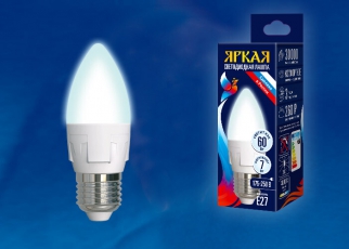 Лампа светодиодная LED-C37 7W/NW/E27/FR PLP01WH LED. «свеча», матовая. серия Яркая, пр-во Россия, 4000K | UL-00002412 | Uniel