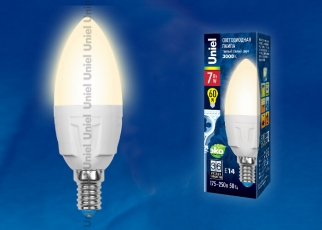 Лампа светодиодная LED-C37 7W/WW/E14/FR PLP01WH LED. «свеча», матовая. серия Яркая, пр-во Россия, 3000K | UL-00002413 | Uniel