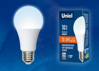 Лампа светодиодная LED-A60-10W/NW/E27/FR/12-24V PLO55WH LED низковольная 12-24В, «груша», мат., 4000К | UL-00002381 | Uniel