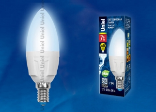Лампа светодиодная LED-C37 7W/NW/E14/FR PLP01WH LED. «свеча», матовая. серия Яркая, пр-во Россия, 4000K | UL-00002411 | Uniel